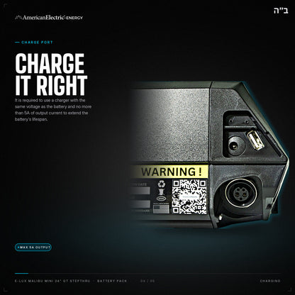 E-Lux Malibu Mini 24" GT Stepthru Battery Pack: charge port, use a same-voltage charger, max 5A