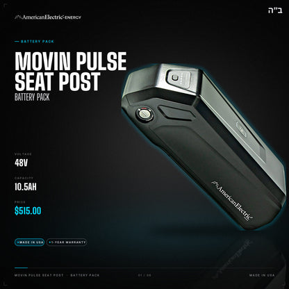 Movin Pulse Seat Post Battery Pack: 48V 10.5AH battery pack, $515