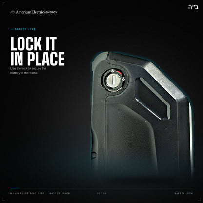 Movin Pulse Seat Post Battery Pack: safety lock, secures the battery to the frame
