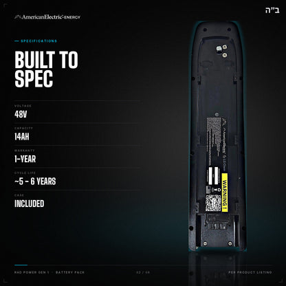Rad Power Gen 1 Battery Pack: specifications, Voltage 48V, Capacity 14AH, Warranty 1-YEAR, Cycle life ~5 - 6 YEARS, Case INCLUDED
