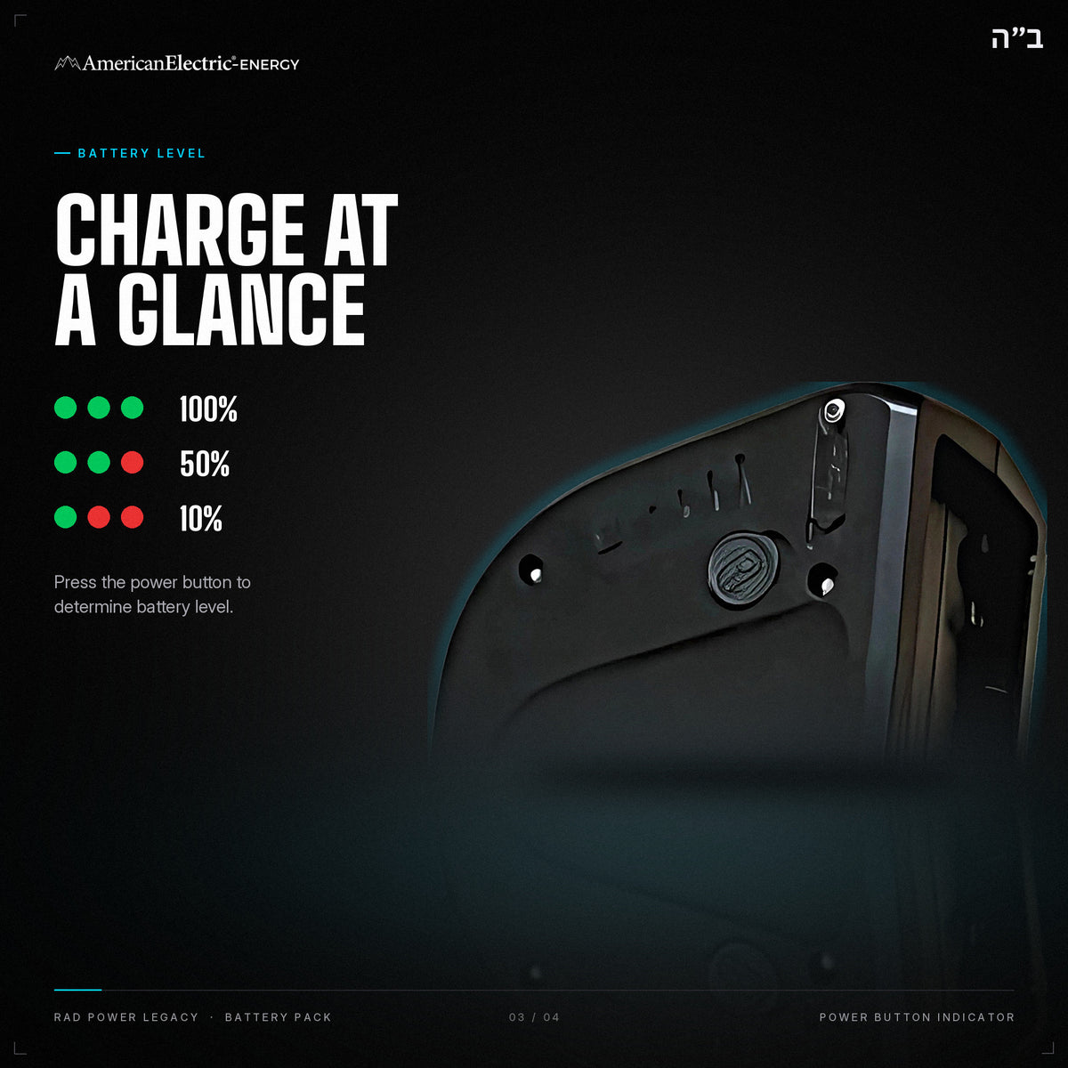 Rad Power Legacy Battery Pack: battery level indicator, press the power button