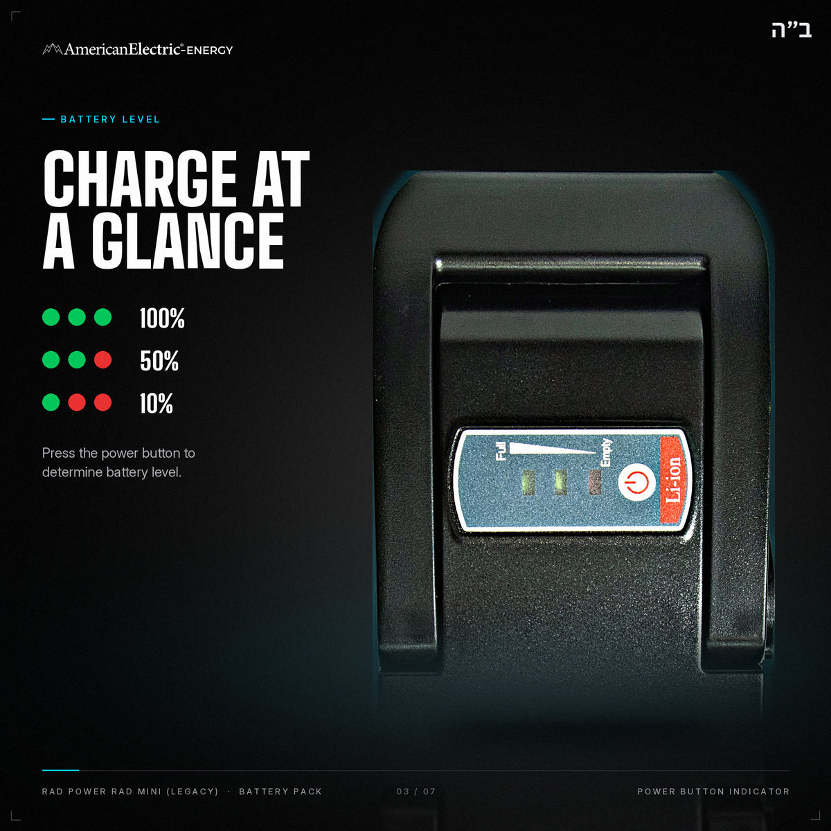 Rad Power Rad Mini (Legacy) Battery Pack: battery level indicator, press the power button