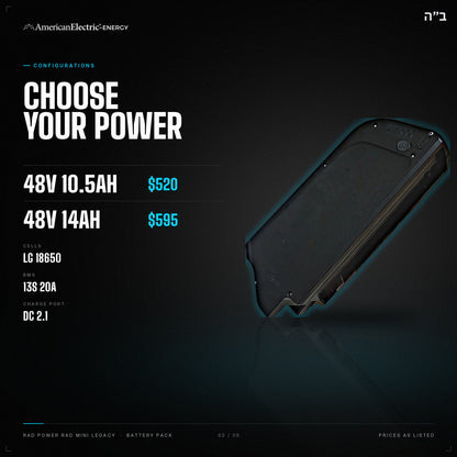 Rad Power Rad Mini Legacy Battery Pack: configurations, 48V 10.5AH $520, 48V 14AH $595