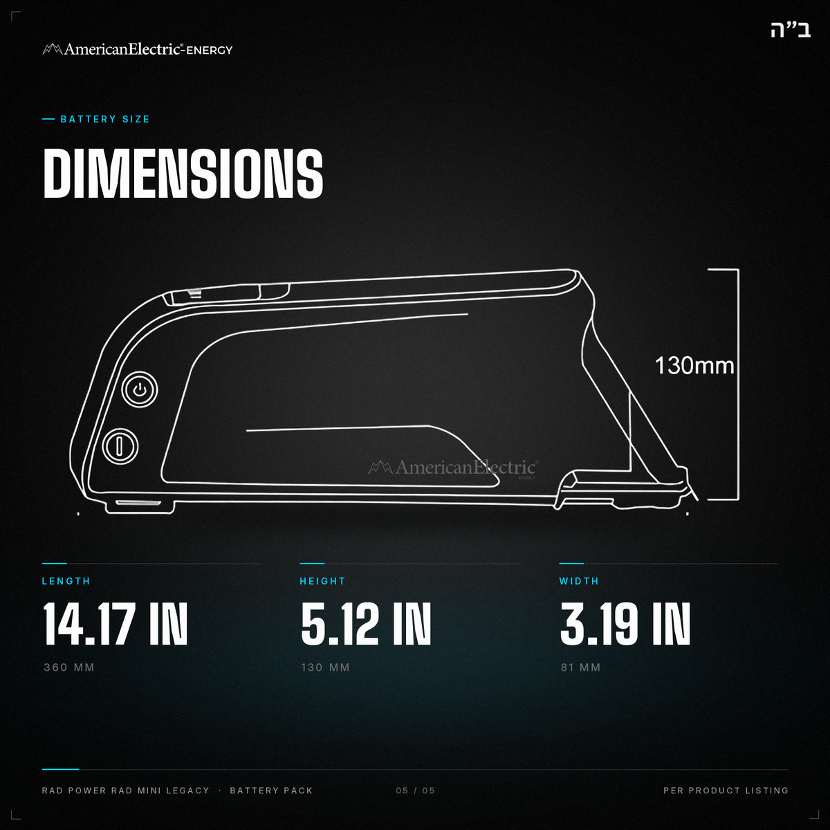 Rad Power Rad Mini Legacy Battery Pack: dimensions 14.17 in x 5.12 in x 3.19 in (360 mm x 130 mm x 81 mm)