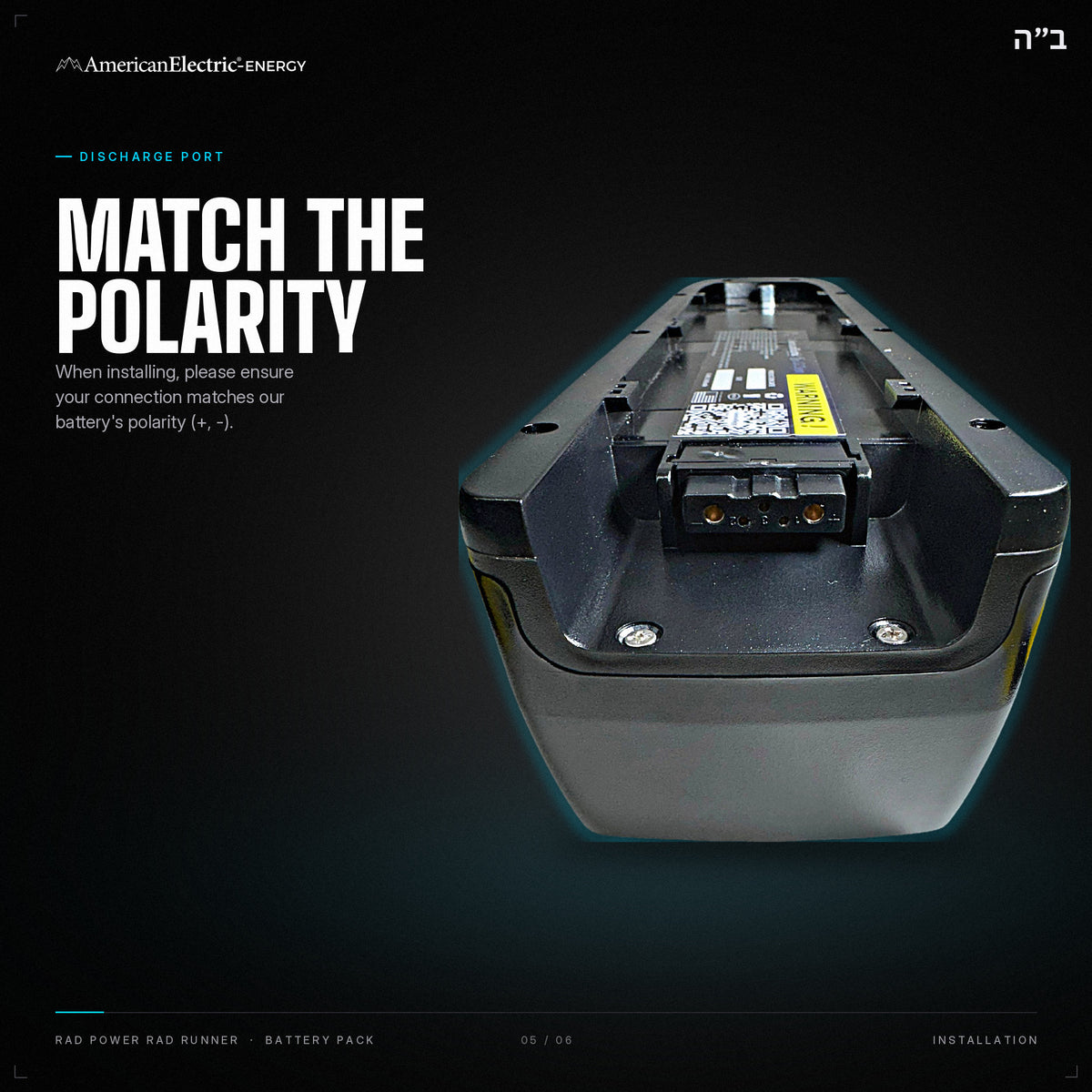Rad Power Rad Runner Battery Pack: discharge port, match the polarity (+, -)