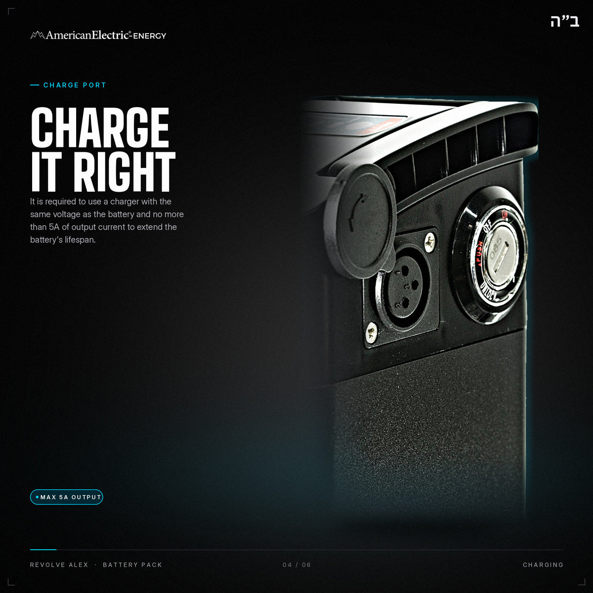 Revolve Alex Battery Pack: charge port, use a same-voltage charger, max 5A