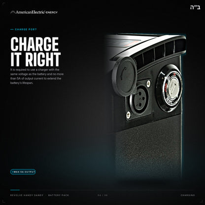 Revolve Handy Dandy Battery Pack: charge port, use a same-voltage charger, max 5A