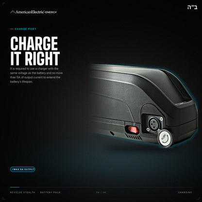 Revolve Stealth Battery Pack: charge port, use a same-voltage charger, max 5A