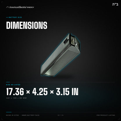 Rhino IR-21700 Battery Pack: dimensions 17.36 x 4.25 x 3.15 in (441 x 108 x 80 mm)