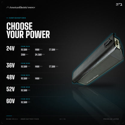 Rhino IR-5-U Battery Pack: configurations, 24V/36V/48V/52V/60V, capacities and prices
