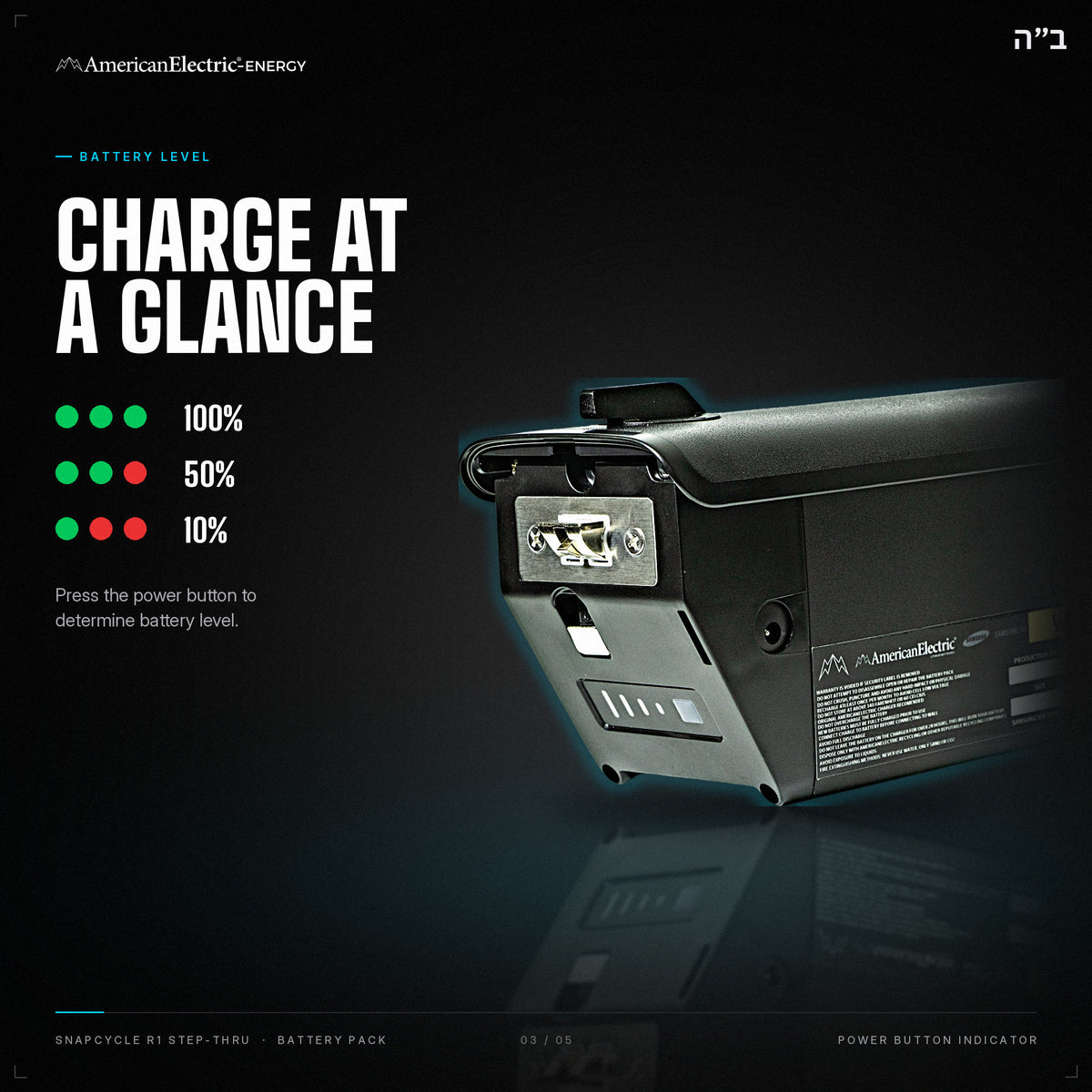 Snapcycle R1 Step-Thru Battery Pack: battery level indicator, press the power button