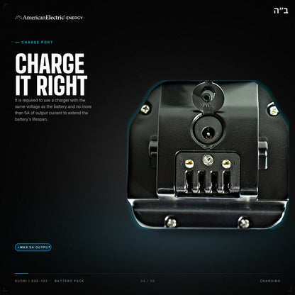Suoni I SSE-103 Battery Pack: charge port, use a same-voltage charger, max 5A