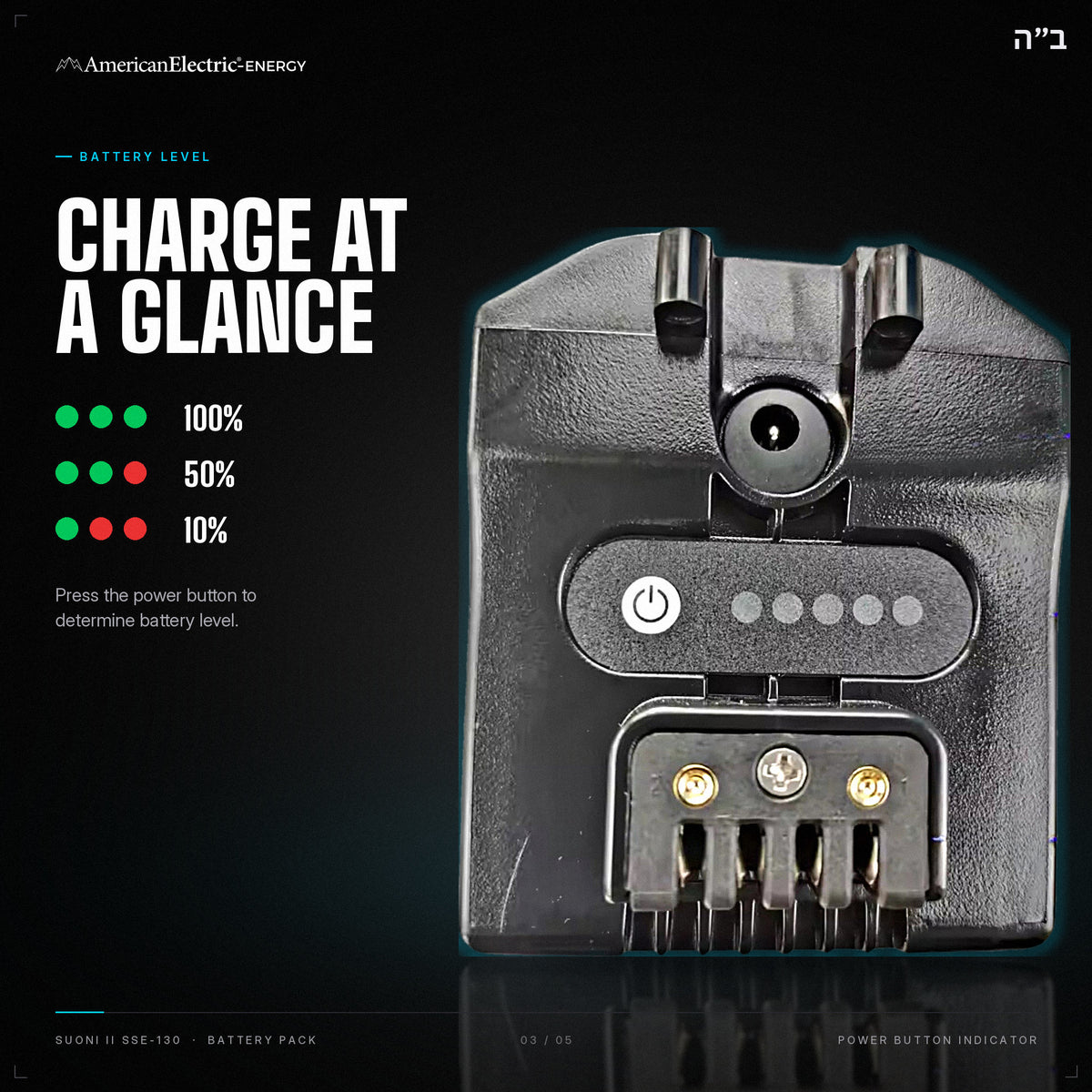 Suoni II SSE-130 Battery Pack: battery level indicator, press the power button