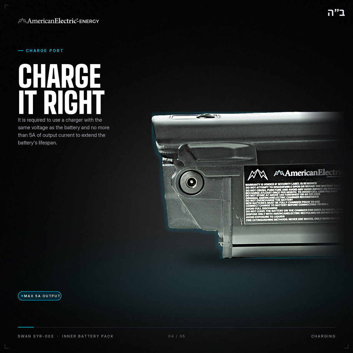 Swan SYR-003 Battery Pack: charge port, use a same-voltage charger, max 5A