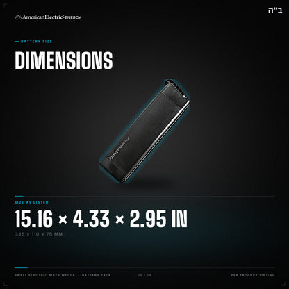 Swell Electric Bikes Wedge Battery Pack: dimensions 15.16 x 4.33 x 2.95 in (385 x 110 x 75 mm)
