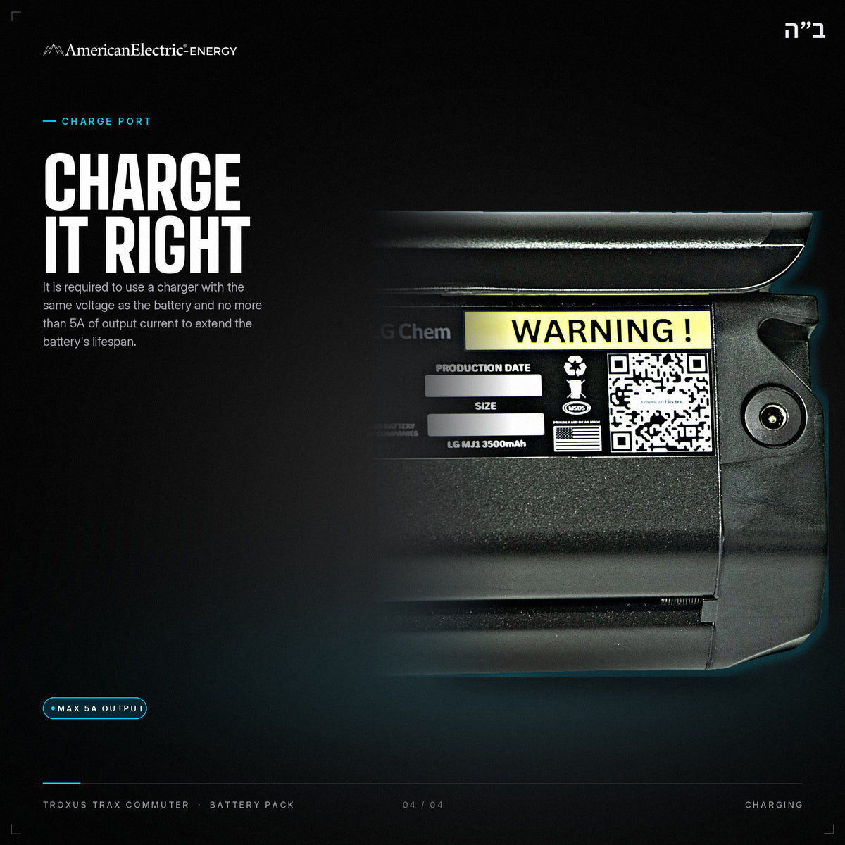 Troxus Trax Commuter Battery Pack: charge port, use a same-voltage charger, max 5A