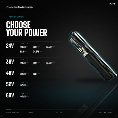 Youth SYR-009 Battery Pack: configurations, 24V/36V/48V/52V/60V, capacities and prices