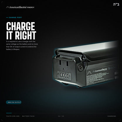 Youth SYR-009 Battery Pack: charge port, use a same-voltage charger, max 5A